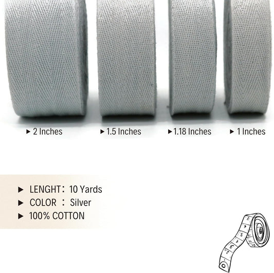 2" & 1.5" & 1.18'' & 1" Cotton Twill Tape - 10 Yards - 50+ Colors -%100 Natural Cotton 1 Inch 1.5 Inch 2 Inch Herringbone Bias Binding Cotton Tape Trim for Sewing Wrapping Craft DIY 10574 (Silver)…