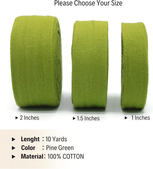 Cotton Twill Tape 1" & 1.5'' & 2" - 10 Yards - 50+ Colors -%100 Natural Cotton 1 Inch 1.5 Inch 2 Inch Herringbone Bias Binding Cotton Twill Tape Trim for Sewing Wrapping Craft DIY (Pine Green) 10312
