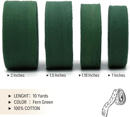 1" & 1.18" & 1.5' & 2" Cotton Herringbone Bias Binding Tape - 10 Yards - 50+ Colors - 100% Natural Cotton - Sewing, Wrapping, Craft, DIY - Fern Green