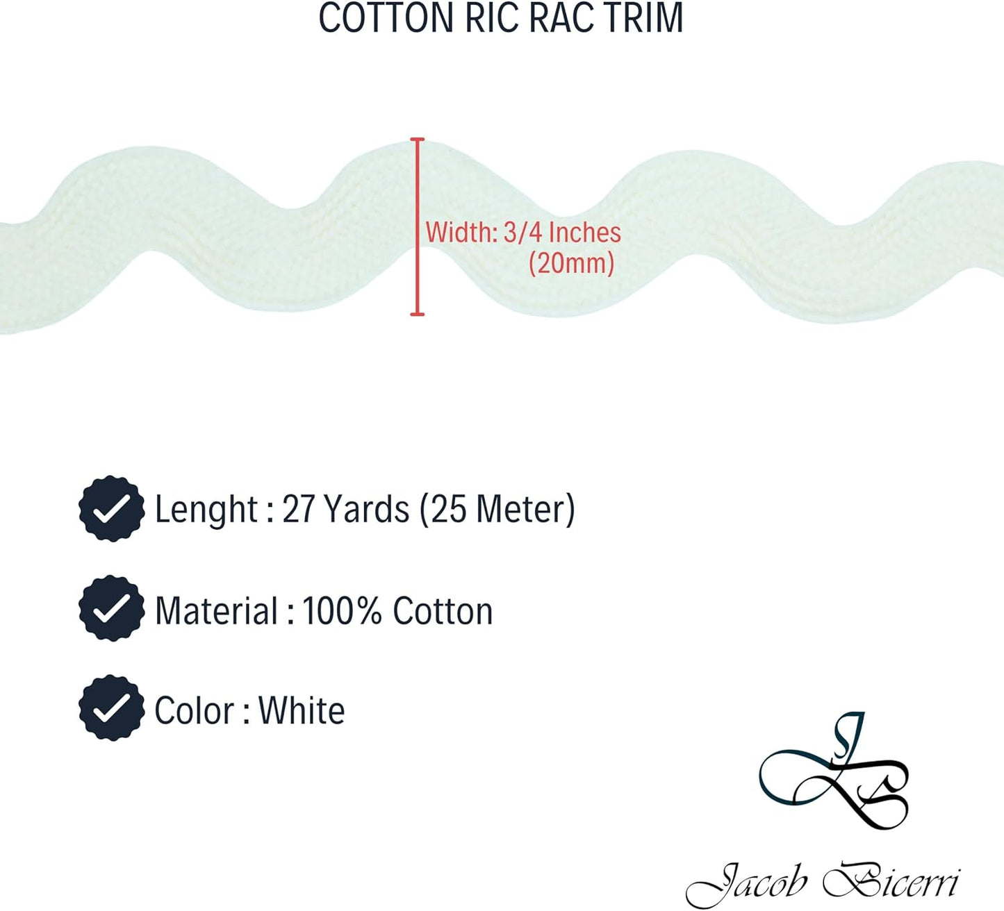 Cotton RIC Rac Trim - 3/4 Inch - 27 Yards - Wave Bending Fringe Trim Cotton Lace Ribbon RIC Rac Trim for Sewing Clothes Gift Wrapping Home Party Decoration CTR0216, White