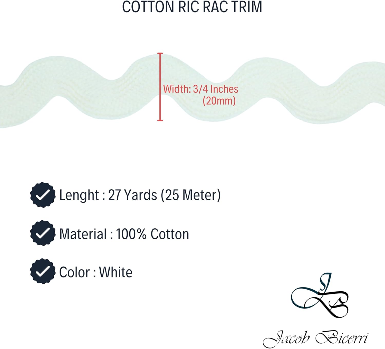 Cotton RIC Rac Trim - 3/4 Inch - 27 Yards - Wave Bending Fringe Trim Cotton Lace Ribbon RIC Rac Trim for Sewing Clothes Gift Wrapping Home Party Decoration CTR0216, White