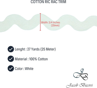 Cotton RIC Rac Trim - 3/4 Inch - 27 Yards - Wave Bending Fringe Trim Cotton Lace Ribbon RIC Rac Trim for Sewing Clothes Gift Wrapping Home Party Decoration CTR0216, White