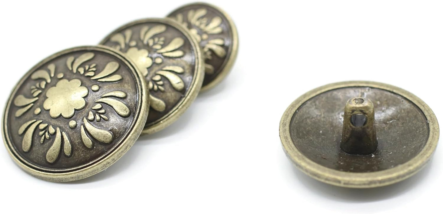 Bronze Metal Shank Buttons - 12 Pcs - 3 Size Options - Floral Round Metal Shank Buttons for Men Women Blazer Coat Uniform Shirt Suit and Jacket Sewing Craft DIY N17803