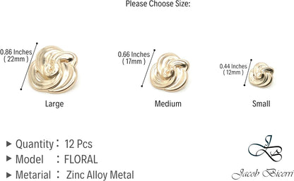 Floral Gold Metal Shank Buttons - 12 Pcs - 3 Size Options - Luxury Floral Round Wave Metal Shank Buttons for Men Women Blazer Coat Uniform Shirt Suit and Jacket Sewing Craft DIY FLR5232
