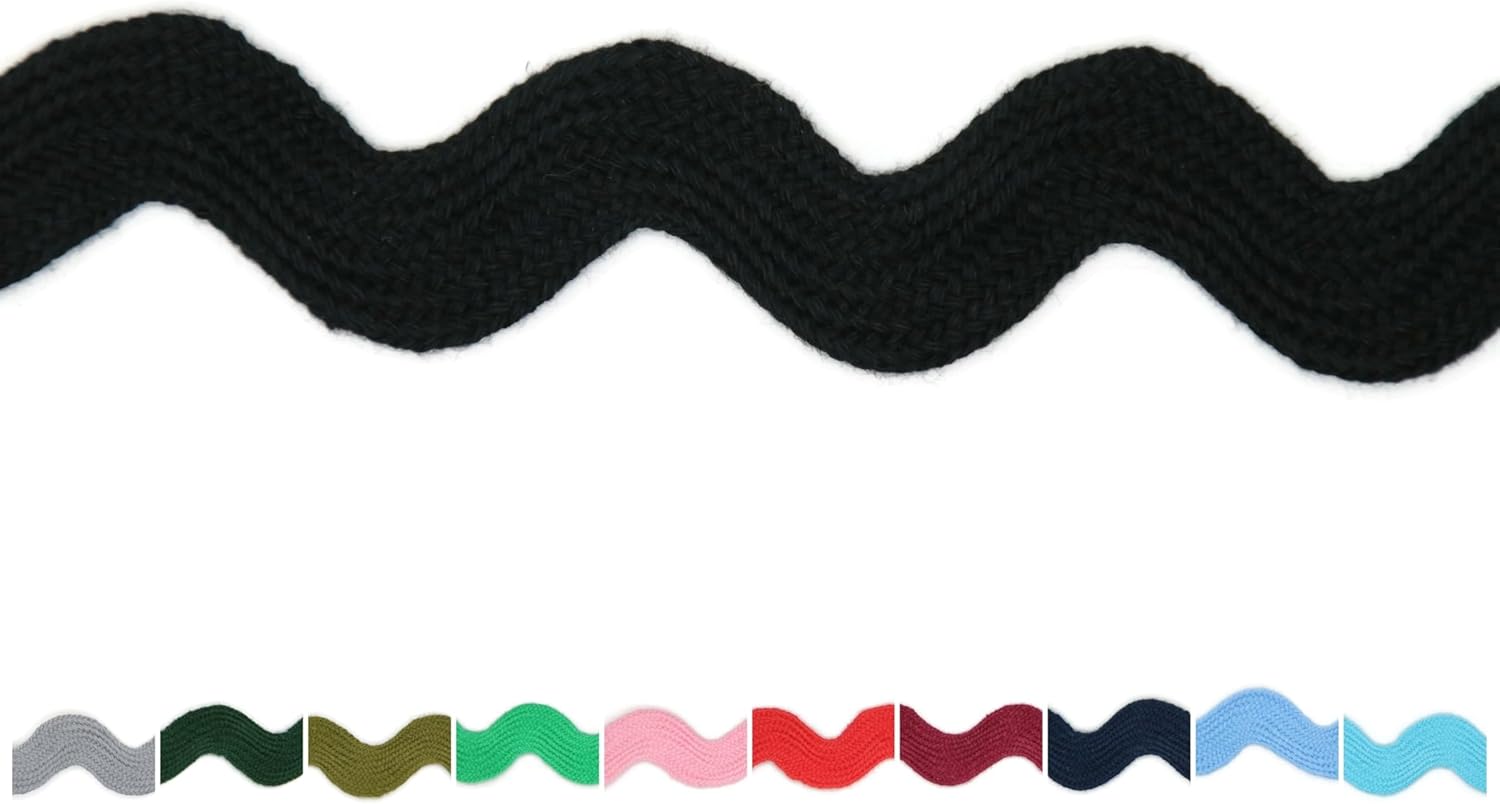 Cotton RIC Rac Trim - 3/4 Inch - 27 Yards - Wave Bending Fringe Trim Cotton Lace Ribbon RIC Rac Trim for Sewing Clothes Gift Wrapping Home Party Decoration CTR0210, Black