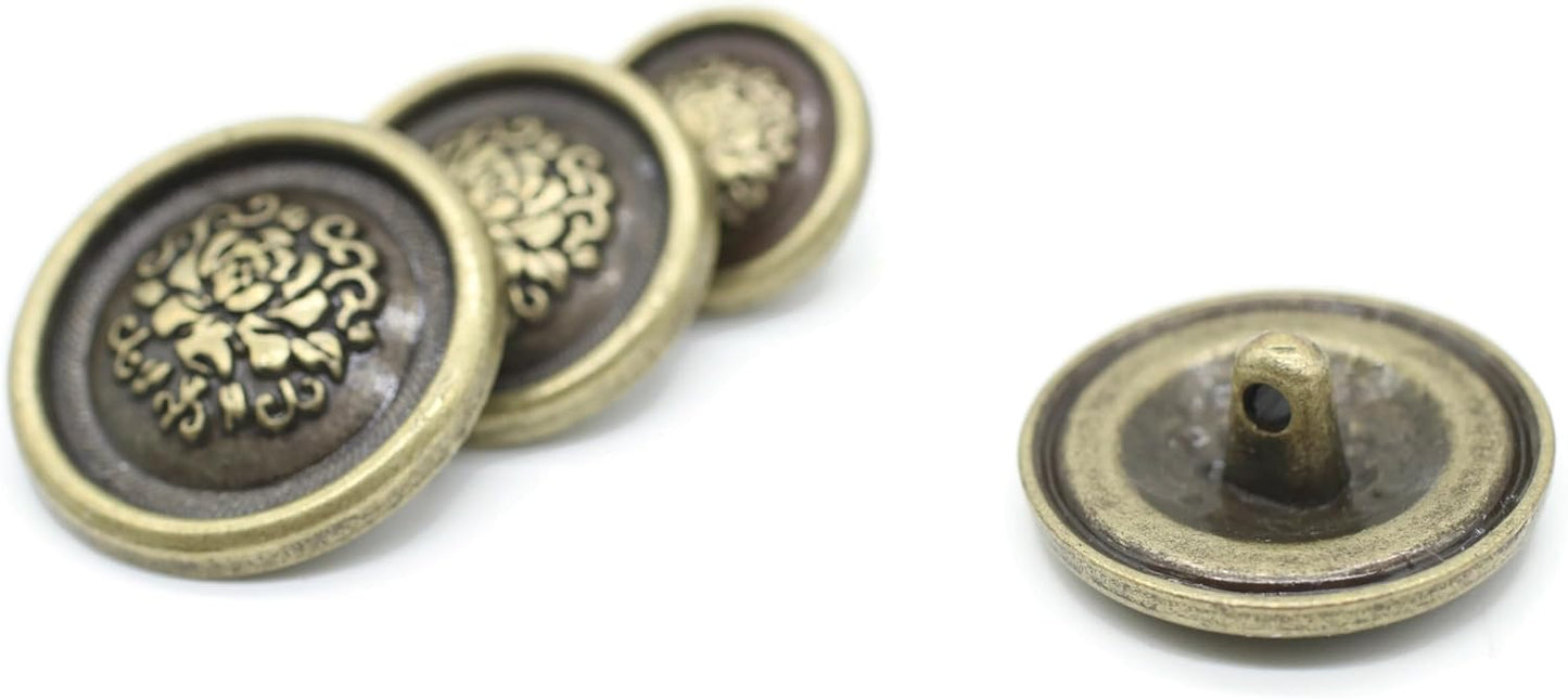 Bronze Metal Shank Buttons - 12 Pcs - 3 Size Options - Floral Round Metal Shank Buttons for Men Women Blazer Coat Uniform Shirt Suit and Jacket Sewing Craft DIY N17902