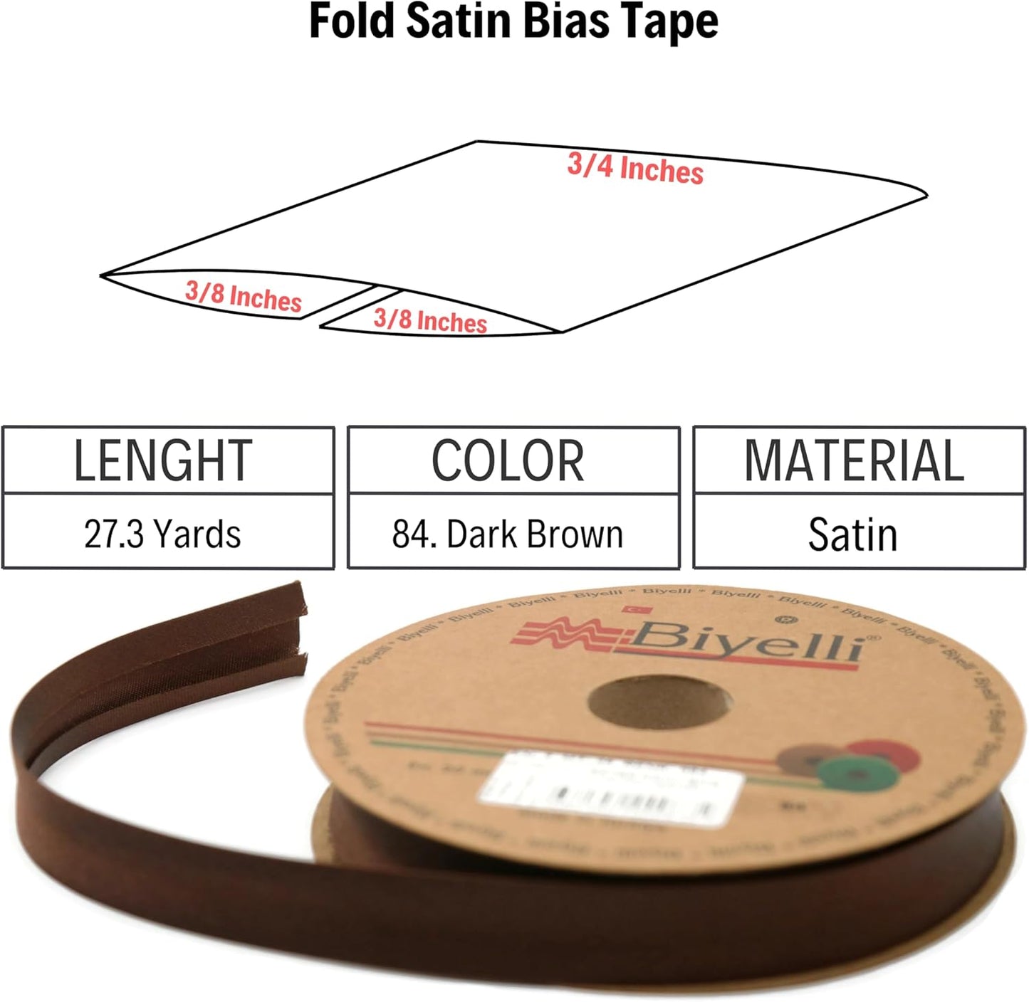 Fold Satin Bias Tape - 99+ Colors - 3/4 Inches Wide - 27 Yards - Fold Satin Binding Bias Ribbon Fabric Piping Bias Binding Tape for Sewing Clothing DIY (84. Dark Brown) BYS84