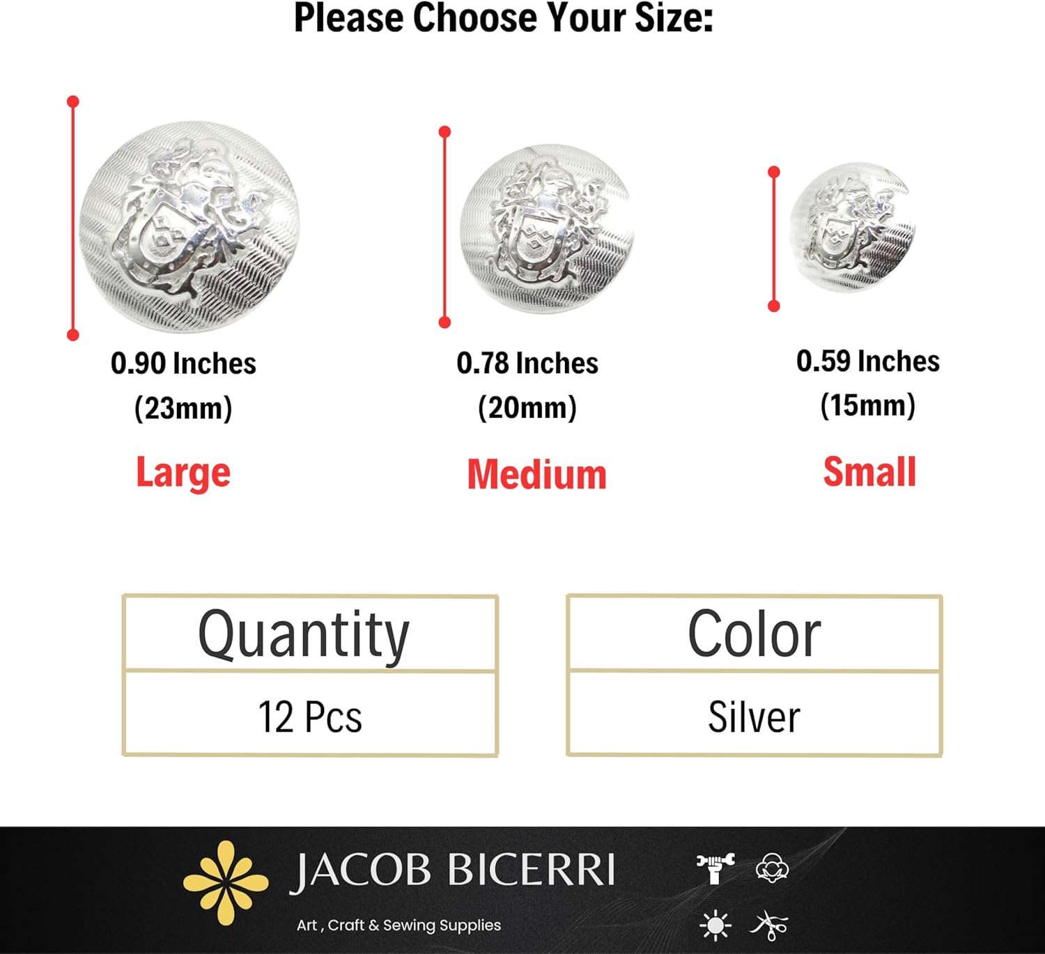 Silver Metal Shank Buttons - 12 Pcs - 3 Size Options - Luxury Knight of Kingdom Round Metal Shank Buttons for Men Women Blazer Coat Uniform Shirt Suit and Jacket Sewing Craft DIY N6801