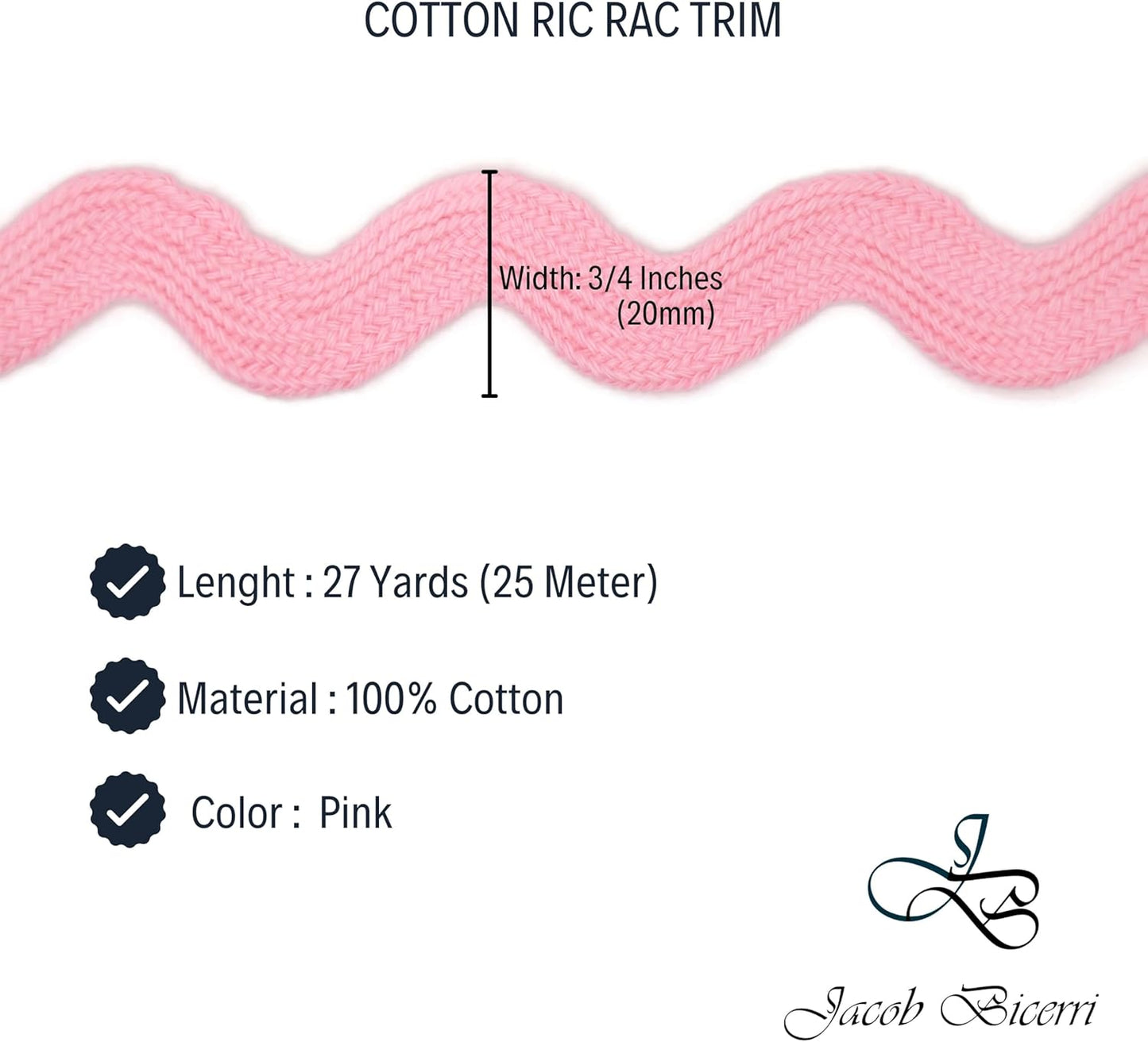 Cotton RIC Rac Trim - 3/4 Inch - 27 Yards - Wave Bending Fringe Lace Ribbon for Sewing Clothes, Gift Wrapping, Home Party Decoration CTR0209