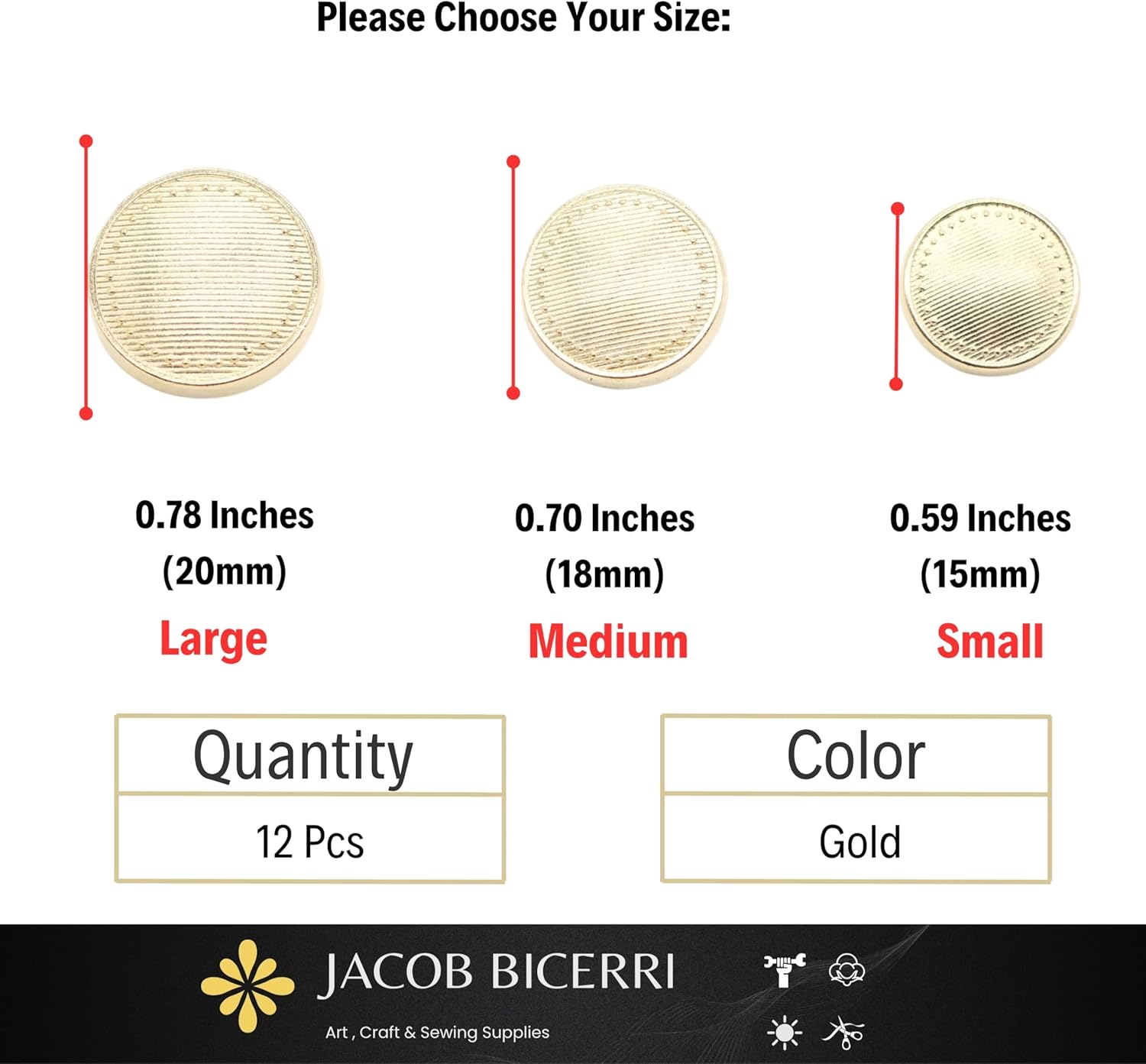 Gold Metal Shank Buttons - 12 Pcs - 3 Size Options - Luxury Striped Stars Round Metal Shank Buttons for Men Women Blazer Coat Uniform Shirt Suit and Jacket Sewing Craft DIY N3501