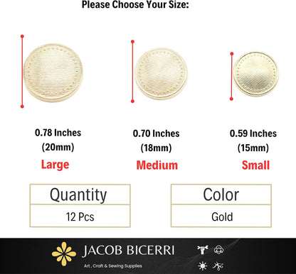 Gold Metal Shank Buttons - 12 Pcs - 3 Size Options - Striped Star Round Metal Shank Buttons for Men Women Blazer Coat Uniform Shirt Suit and Jacket Sewing Craft DIY N3503