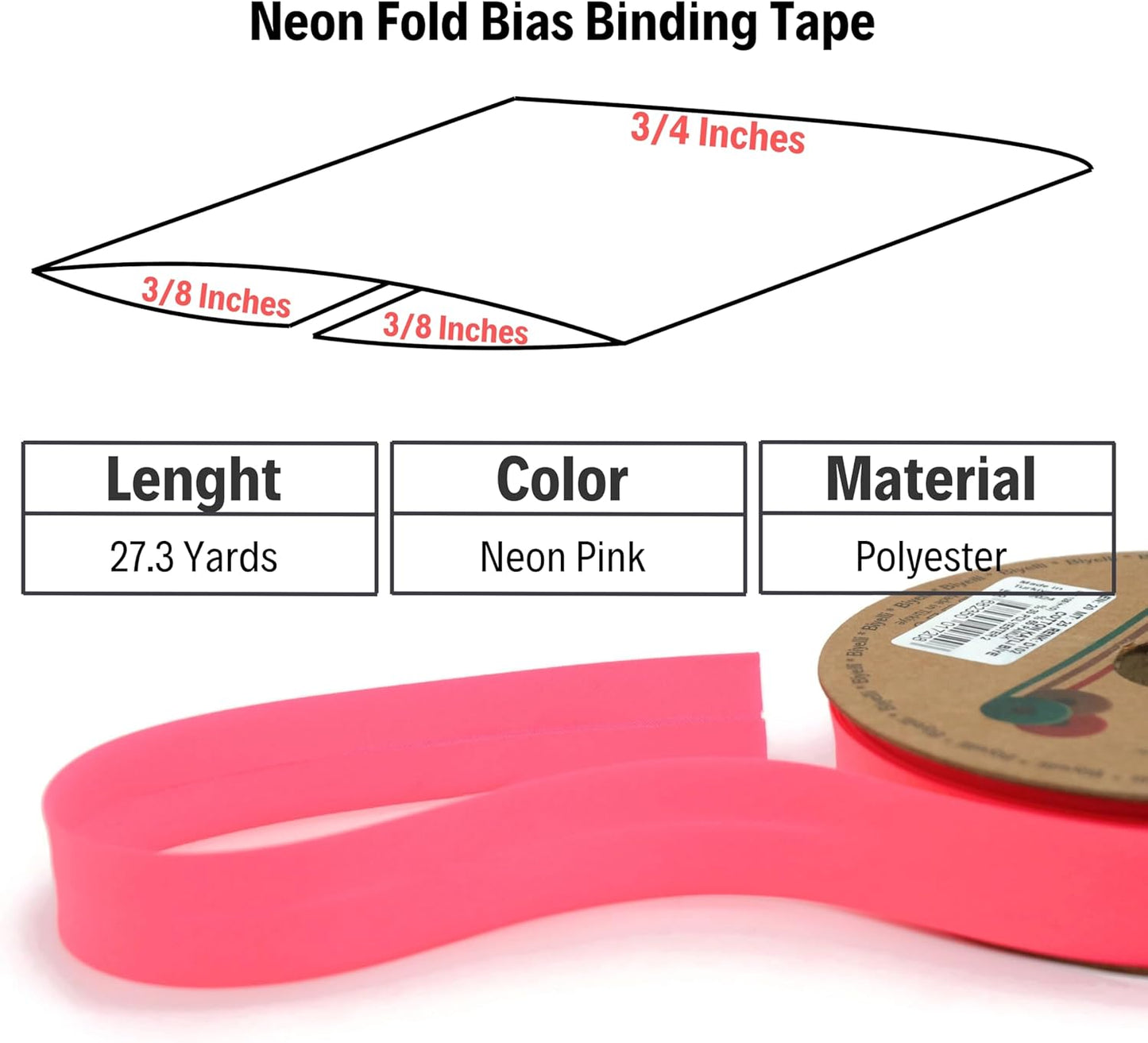Fold Neon Bias Binding Tape - 99+ Colors - 3/4 Inches Wide - 27 Yards - Fold Neon Binding Bias Ribbon Fabric Piping Bias Binding Tape for Sewing Clothing DIY Pink D102