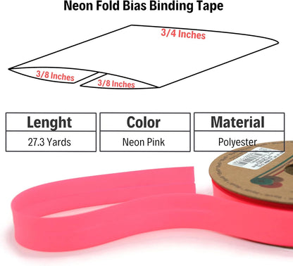 Fold Neon Bias Binding Tape - 99+ Colors - 3/4 Inches Wide - 27 Yards - Fold Neon Binding Bias Ribbon Fabric Piping Bias Binding Tape for Sewing Clothing DIY Pink D102