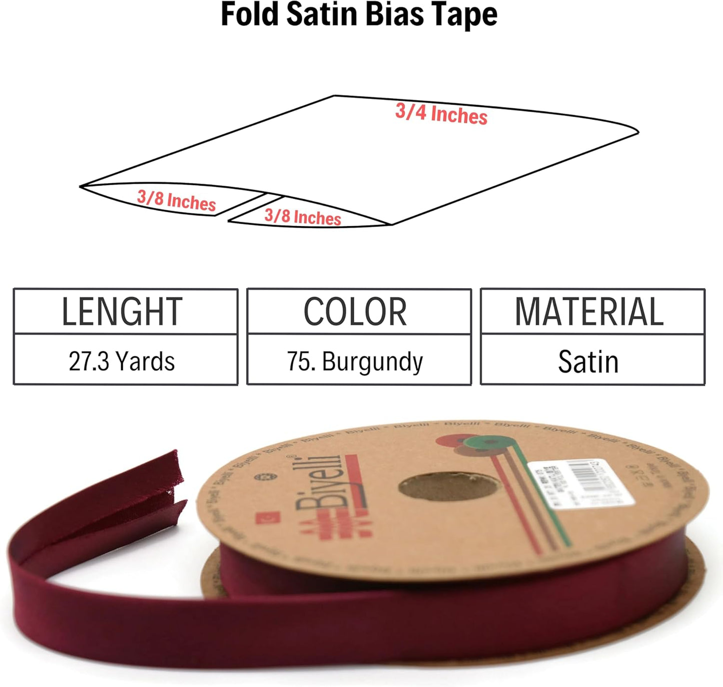 Fold Satin Bias Tape - 99+ Colors - 3/4 Inches Wide - 27 Yards - Fold Satin Binding Bias Ribbon Fabric Piping Bias Binding Tape for Sewing Clothing DIY (75. Burgundy) BYS75