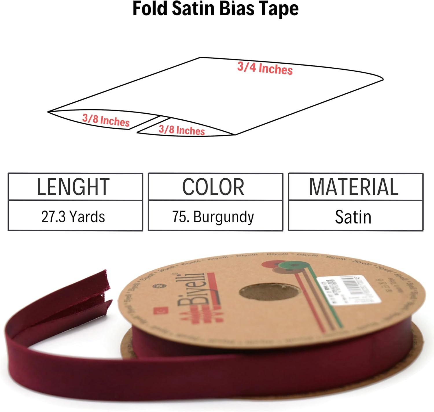 Fold Satin Bias Tape - 99+ Colors - 3/4 Inches Wide - 27 Yards - Fold Satin Binding Bias Ribbon Fabric Piping Bias Binding Tape for Sewing Clothing DIY (75. Burgundy) BYS75