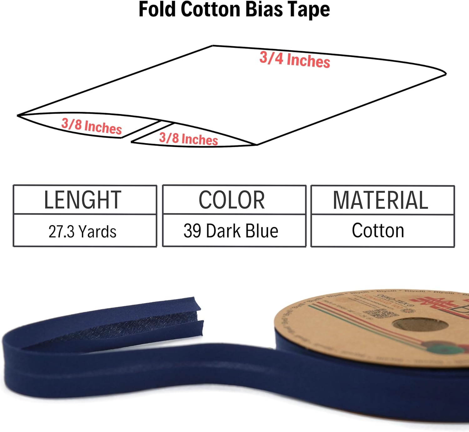 Cotton Fold Bias Tape - 3/4 Inches (20mm) Wide - 27 Yards - 65+ Colors - Single Fold Cotton Fold Bias Binding Tape for Sewing Clothing DIY (39. Dark Blue) D39