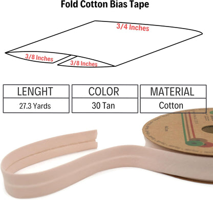 Cotton Fold Bias Tape - 3/4 Inches (20mm) Wide - 27 Yards - 65+ Colors - Single Fold Cotton Fold Bias Binding Tape for Sewing Clothing DIY (30. Tan) D30
