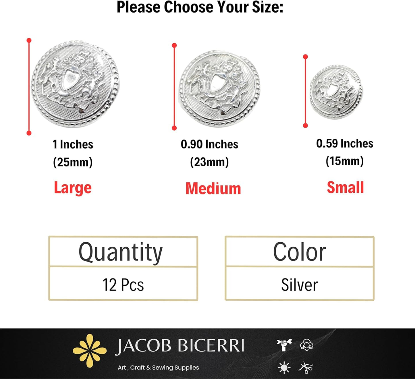 Silver Metal Shank Buttons - 12 Pcs - 3 Size Options - Twin Lion of Kingdom Round Metal Shank Buttons for Men Women Blazer Coat Uniform Shirt Suit and Jacket Sewing Craft DIY N6502