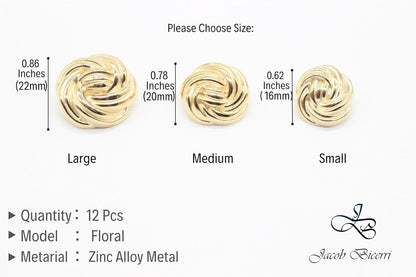 Floral Gold Metal Shank Buttons - 12 Pcs - 3 Size Options - Luxury Floral Round Wave Metal Shank Buttons for Men Women Blazer Coat Uniform Shirt Suit and Jacket Sewing Craft DIY FLR9331…