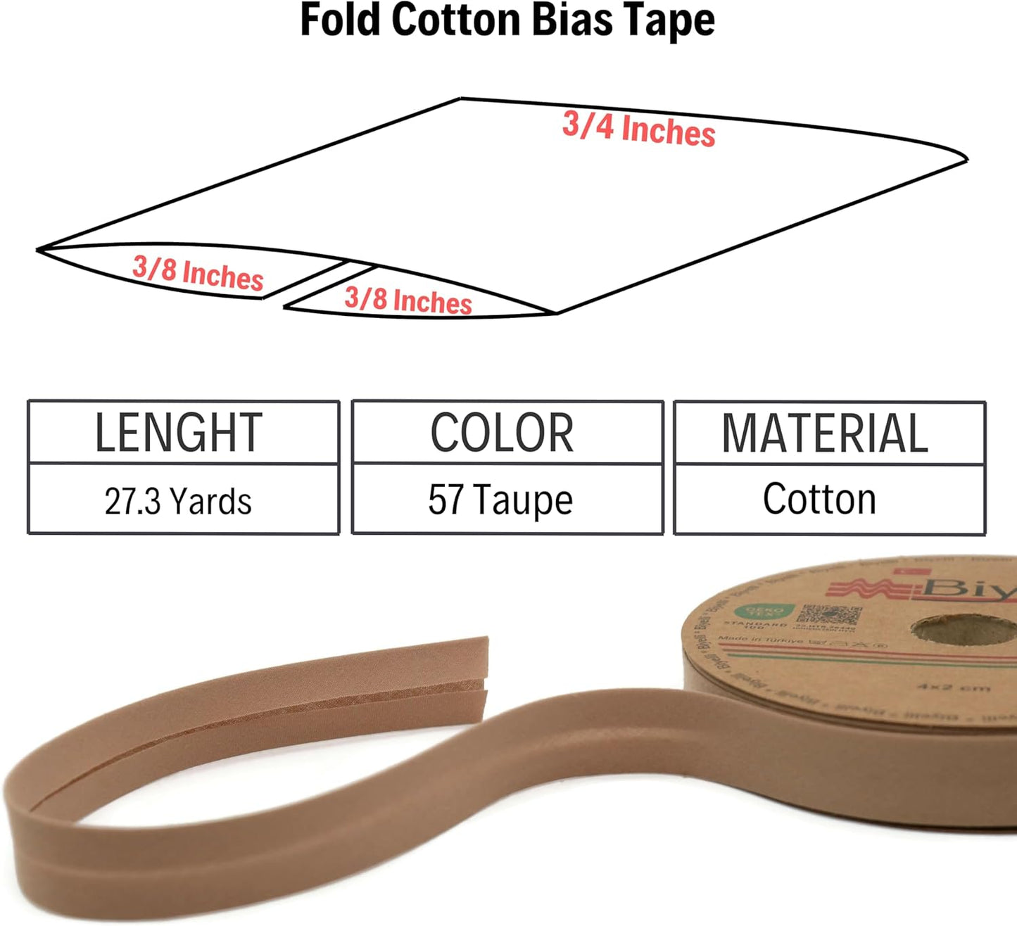 Cotton Fold Bias Tape - 3/4 Inches (20mm) Wide - 27 Yards - 65+ Colors - Single Fold Cotton Fold Bias Binding Tape for Sewing Clothing DIY (57. Taupe) D57