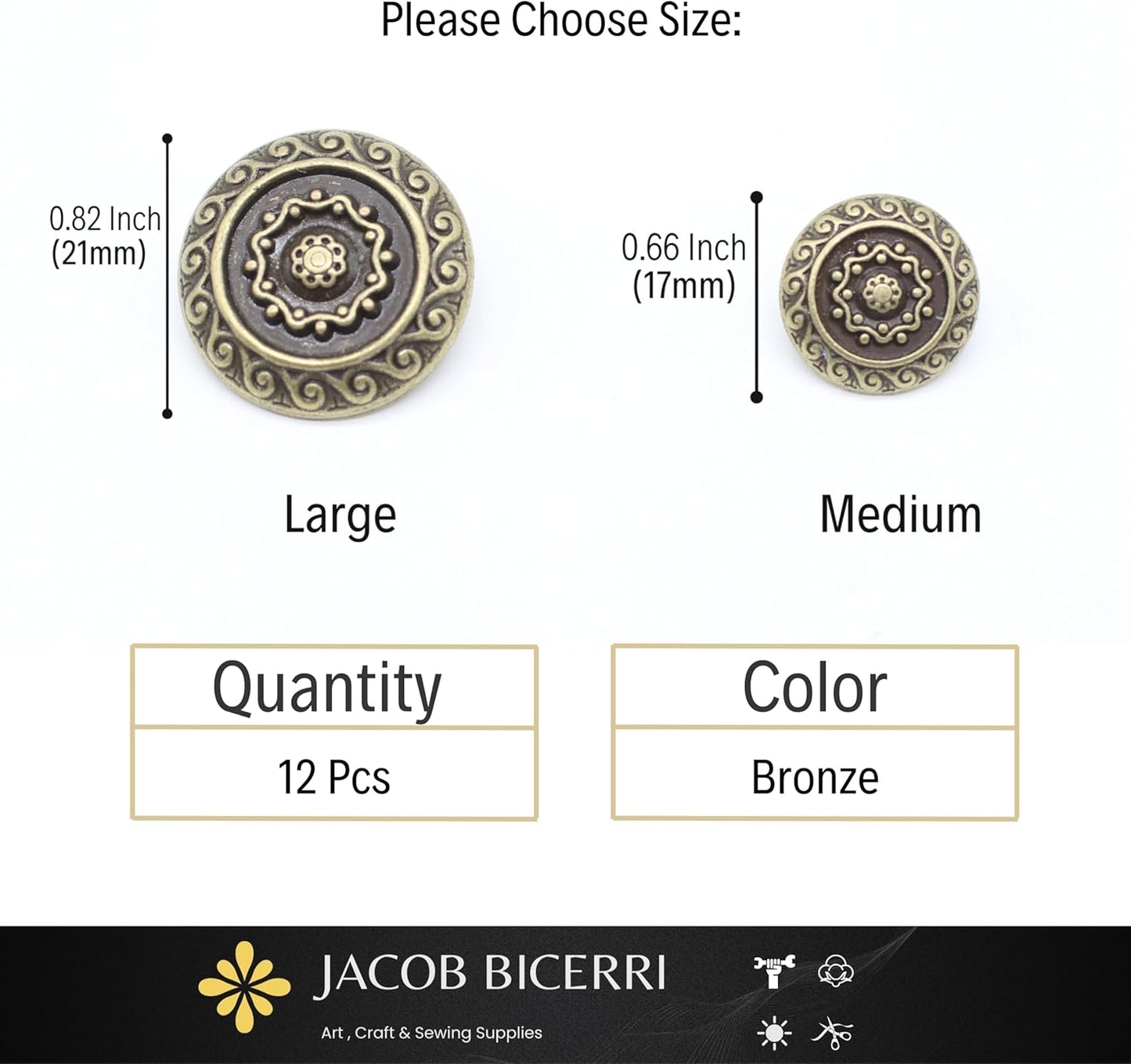 Bronze Metal Shank Buttons - 12 Pcs - 2 Size Options - Luxury Floral Round Wave Metal Shank Buttons Bronze for Men Women Blazer Coat Uniform Shirt Suit and Jacket Sewing Craft DIY N18402