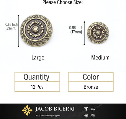 Bronze Metal Shank Buttons - 12 Pcs - 2 Size Options - Luxury Floral Round Wave Metal Shank Buttons Bronze for Men Women Blazer Coat Uniform Shirt Suit and Jacket Sewing Craft DIY N18402