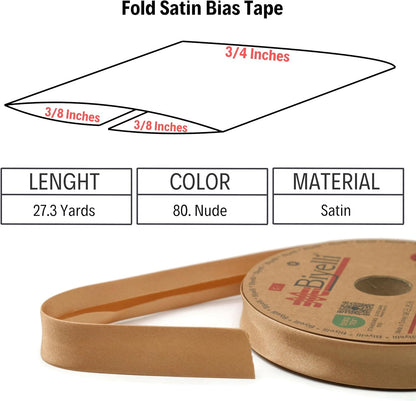 Fold Satin Bias Tape - 99+ Colors - 3/4 Inches Wide - 27 Yards - Fold Satin Binding Bias Ribbon Fabric Piping Bias Binding Tape for Sewing Clothing DIY (80. Nude) BYS80