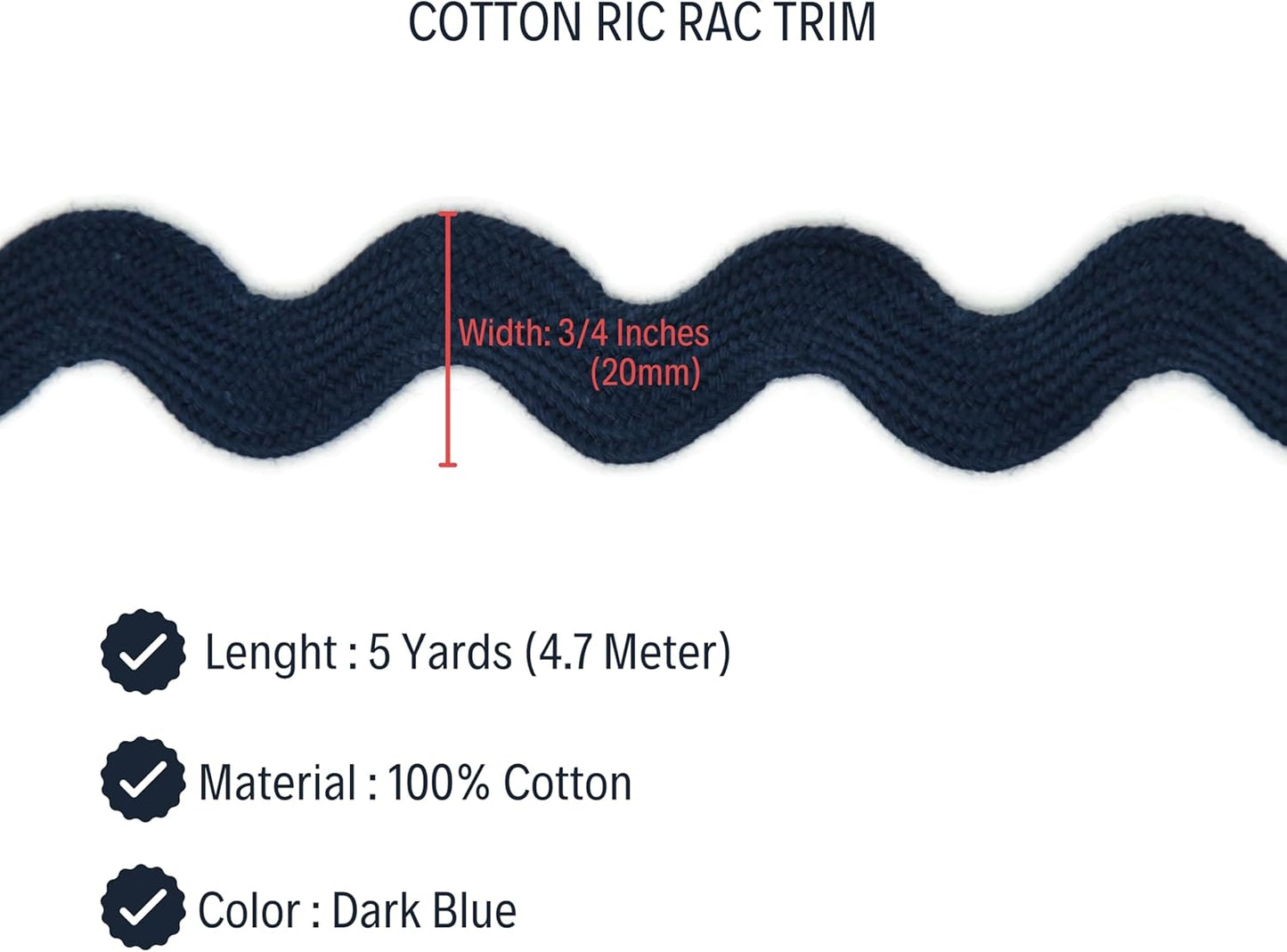 100% Cotton Dark Blue Striped Ric Rac Trim - 5 Yards - Classic Traditional Wedding Decor