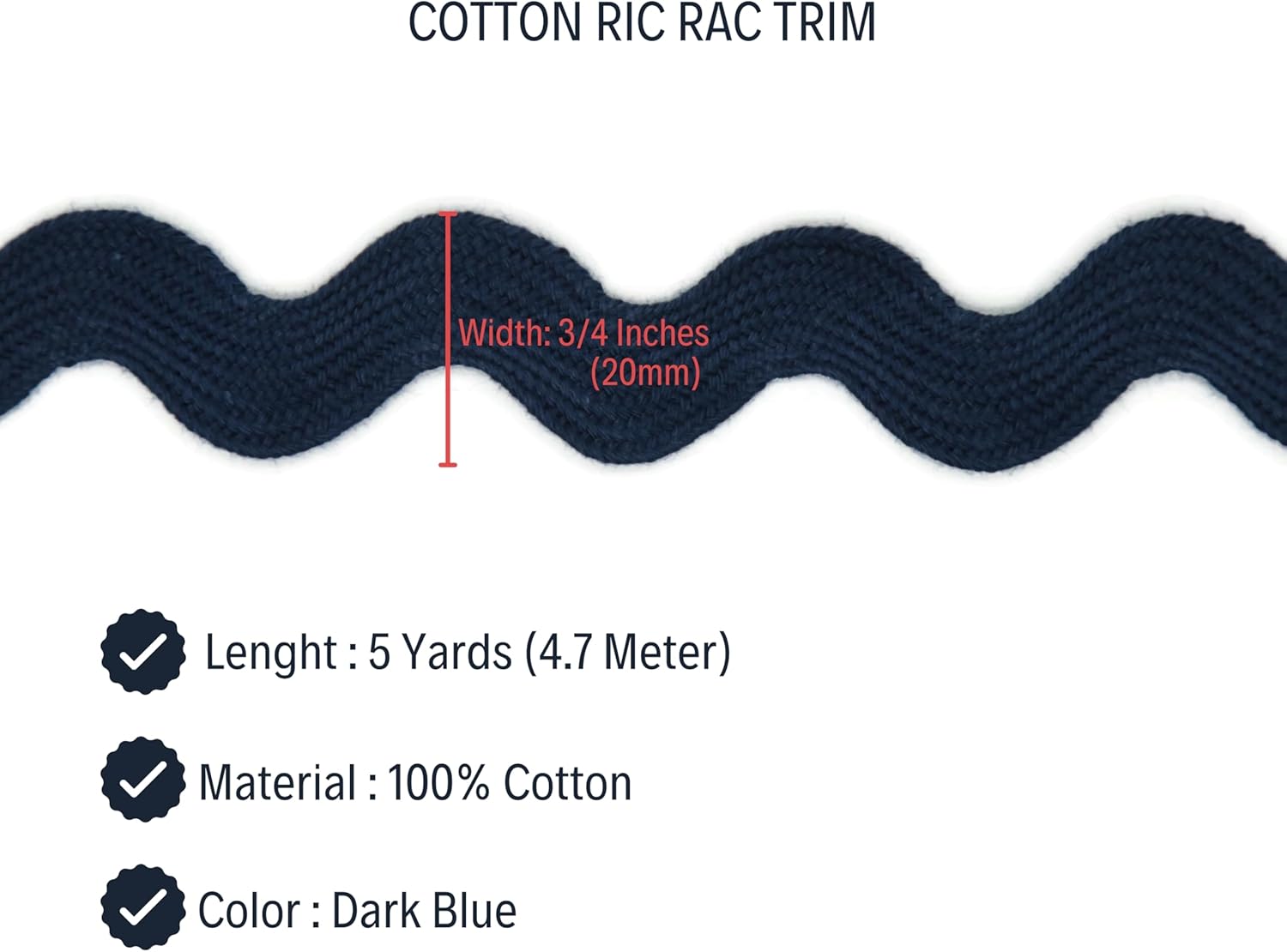 100% Cotton Dark Blue Striped Ric Rac Trim - 5 Yards - Classic Traditional Wedding Decor
