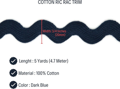 100% Cotton Dark Blue Striped Ric Rac Trim - 5 Yards - Classic Traditional Wedding Decor