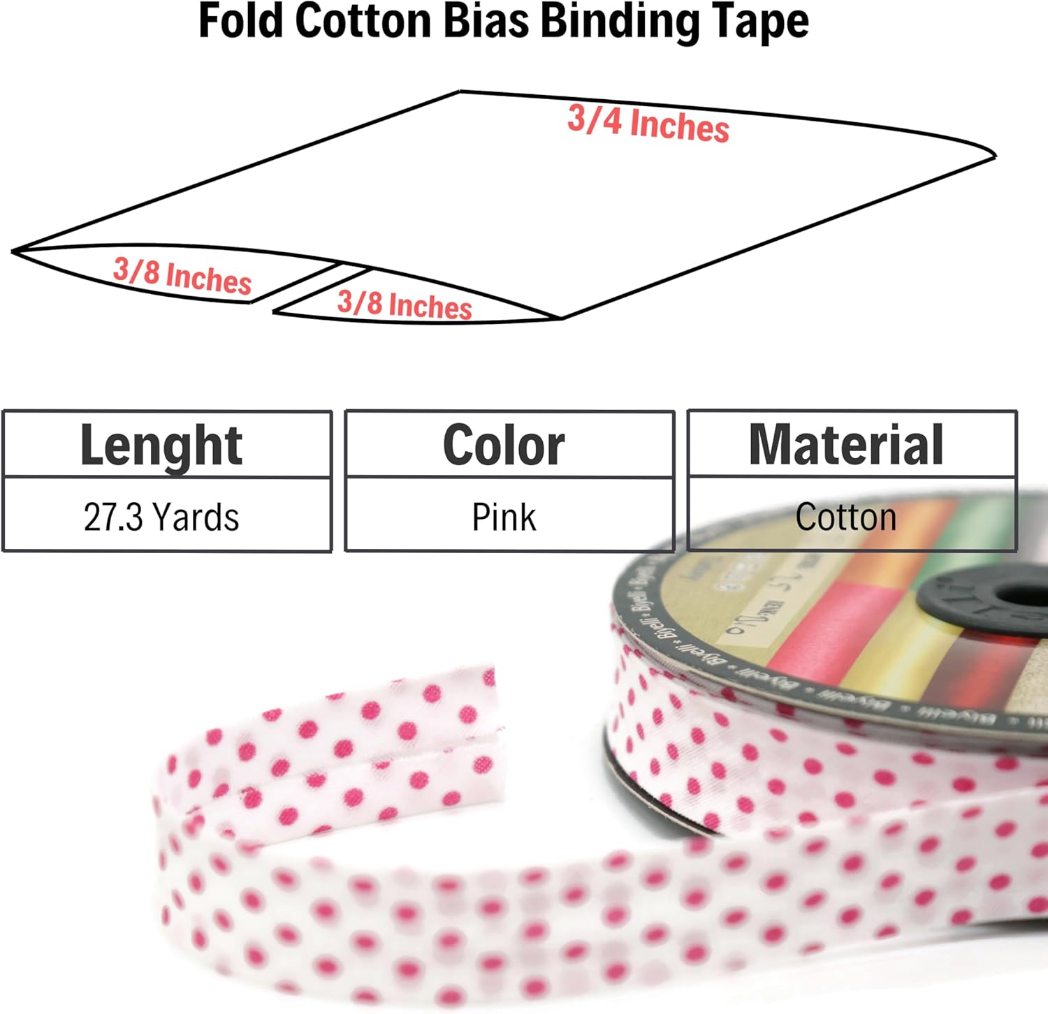 Cotton Fold Bias Binding Tape - 3/4 Inches (20mm) Wide - 27 Yards - Polka Dots Single Fold Cotton Fold Bias Binding Tape for Sewing Clothing DIY Pink B2
