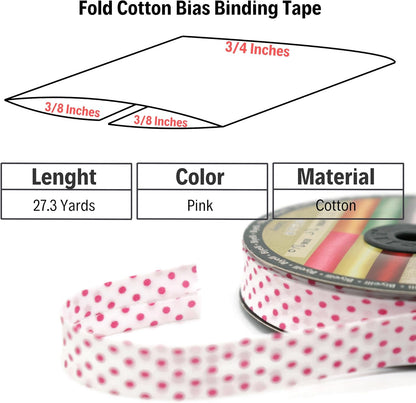 Cotton Fold Bias Binding Tape - 3/4 Inches (20mm) Wide - 27 Yards - Polka Dots Single Fold Cotton Fold Bias Binding Tape for Sewing Clothing DIY Pink B2
