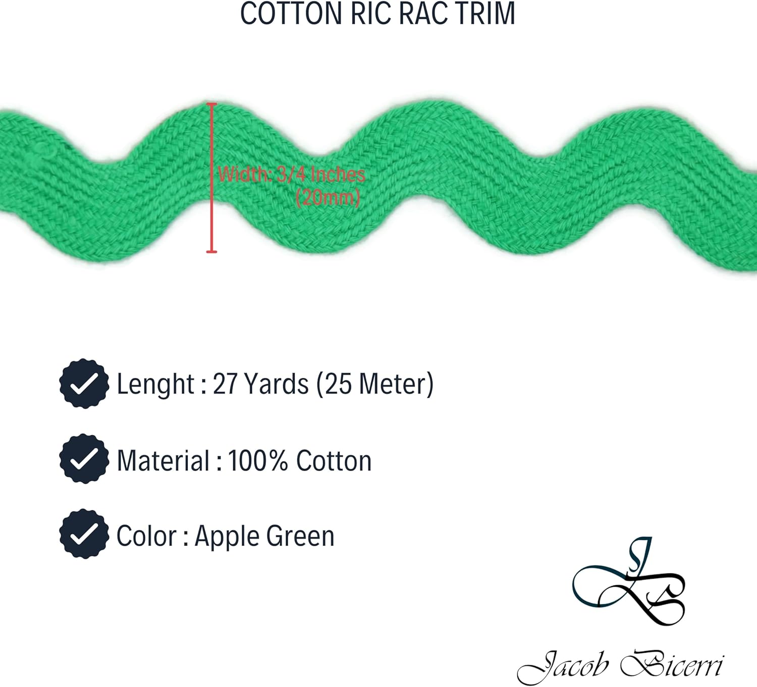 Cotton RIC Rac Trim - 3/4 Inch - 27 Yards - Wave Bending Fringe Trim Cotton Lace Ribbon RIC Rac Trim for Sewing Clothes Gift Wrapping Home Party Decoration CTR0206