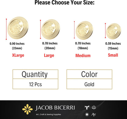 Gold Metal Shank Buttons - 12 Pcs - 4 Size Options - Crown Floral Round Metal Shank Buttons for Men Women Blazer Coat Uniform Shirt Suit and Jacket Sewing Craft DIY N5001