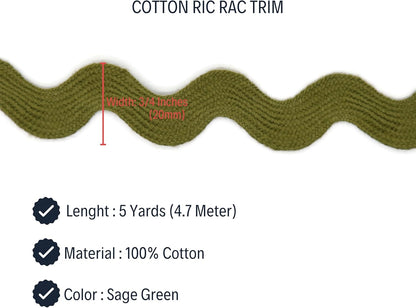 Cotton RIC Rac Trim - 3/4 Inch - 5 Yards - Sage Green Wave Bending Fringe Trim Cotton Lace Ribbon RIC Rac Trim for Sewing Clothes Gift Wrapping Home Party Decoration CTR02055