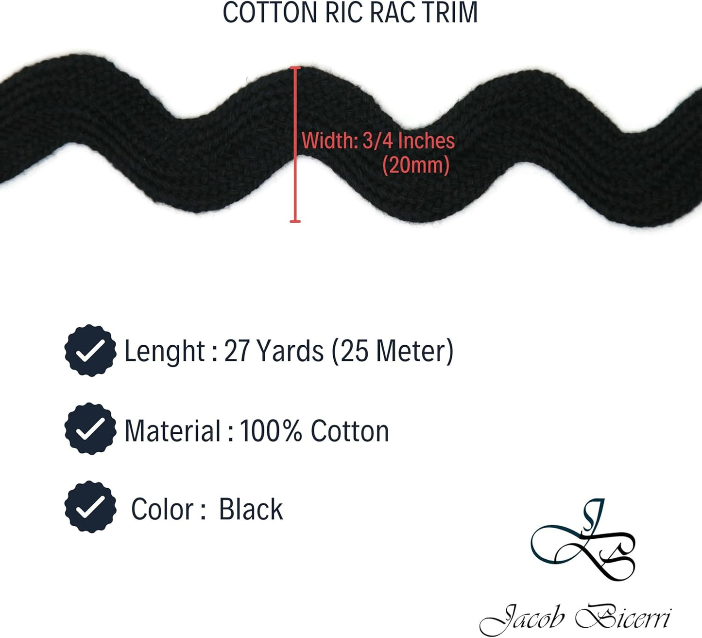 Cotton RIC Rac Trim - 3/4 Inch - 27 Yards - Wave Bending Fringe Trim Cotton Lace Ribbon RIC Rac Trim for Sewing Clothes Gift Wrapping Home Party Decoration CTR0210, Black