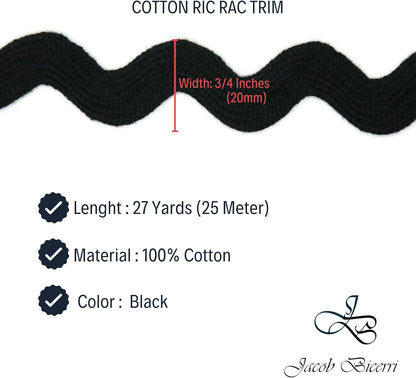 Cotton RIC Rac Trim - 3/4 Inch - 27 Yards - Wave Bending Fringe Trim Cotton Lace Ribbon RIC Rac Trim for Sewing Clothes Gift Wrapping Home Party Decoration CTR0210, Black