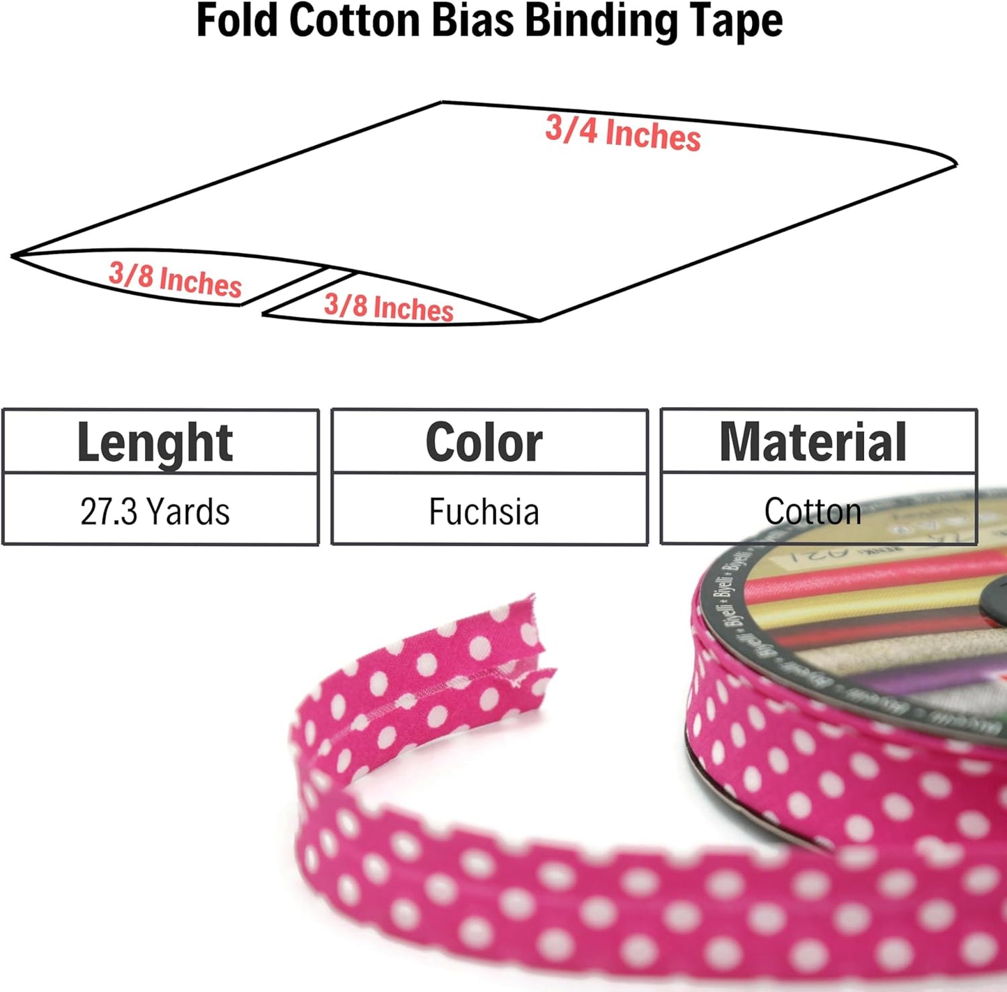 Cotton Fold Bias Binding Tape - 3/4 Inches (20mm) Wide - 27 Yards - Polka Dots Single Fold Cotton Fold Bias Binding Tape for Sewing Clothing DIY Fuchsia A21