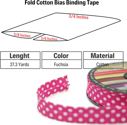 Cotton Fold Bias Binding Tape - 3/4 Inches (20mm) Wide - 27 Yards - Polka Dots Single Fold Cotton Fold Bias Binding Tape for Sewing Clothing DIY Fuchsia A21