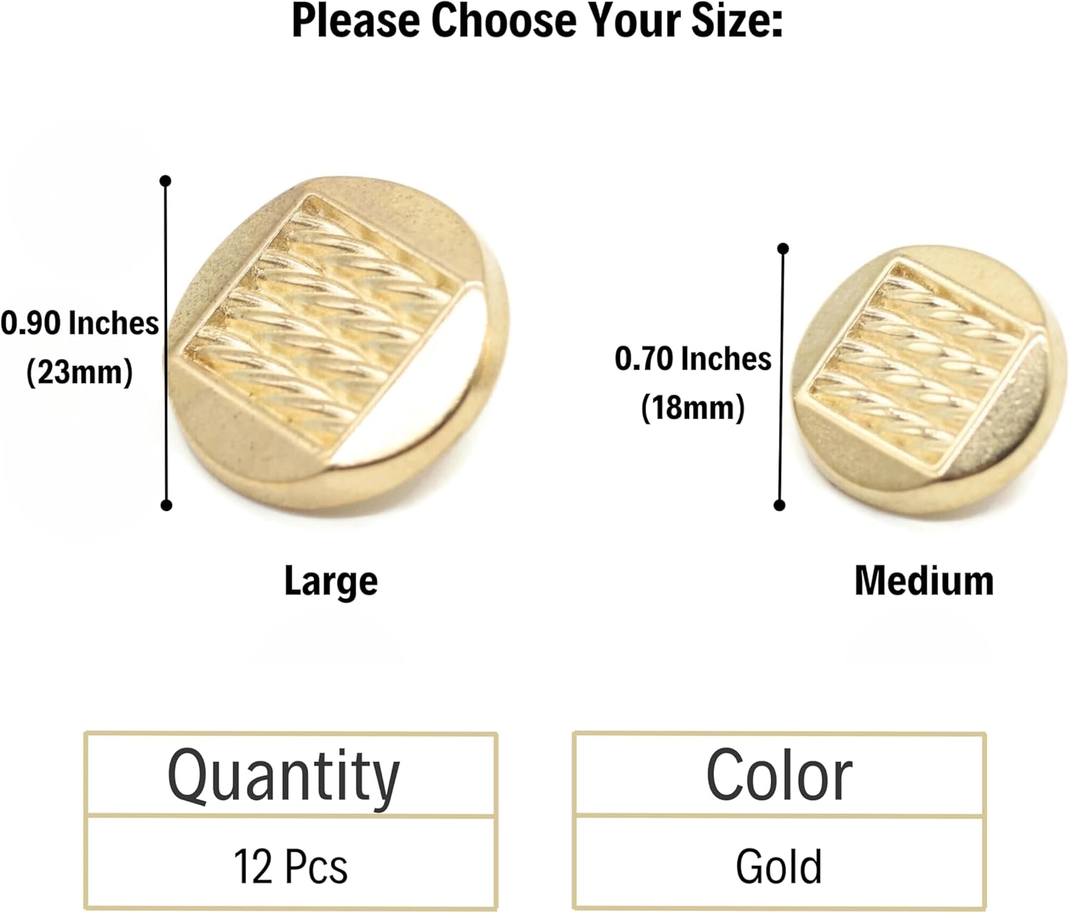 Gold Metal Shank Buttons - 12 Pcs - 2 Size Options - Luxury Chain Round Metal Shank Buttons for Men Women Blazer Coat Uniform Shirt Suit and Jacket Sewing Craft DIY N1002