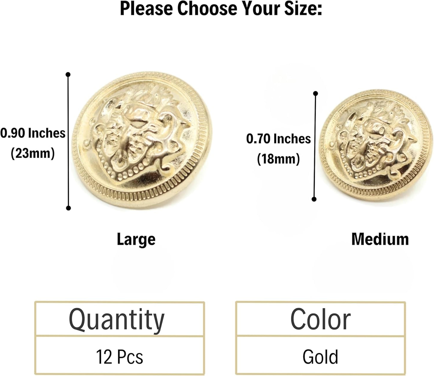 Gold Metal Shank Buttons - 12 Pcs - 2 Size Options - Luxury French Kingdom Coins Round Metal Shank Buttons for Men Women Blazer Coat Uniform Shirt Suit and Jacket Sewing Craft DIY N1301