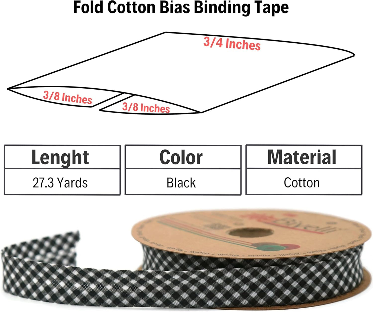 Cotton Fold Bias Binding Tape - 3/4 Inches (20mm) Wide - 27 Yards - Plaid Single Fold Cotton Fold Bias Binding Tape for Sewing Clothing DIY Black E10