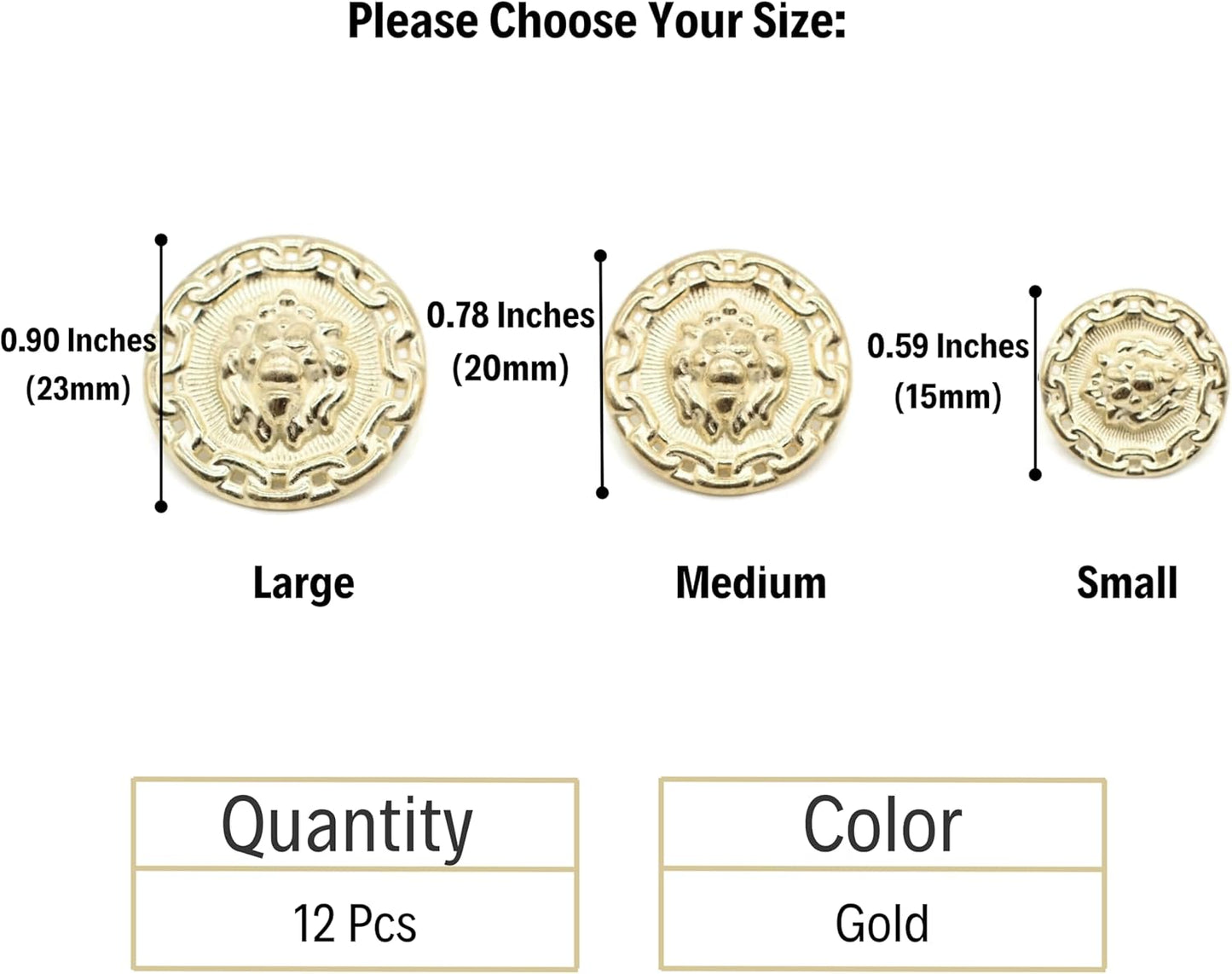 Gold Metal Shank Buttons - 12 Pcs - 3 Size Options - Lion Round Metal Shank Buttons for Men Women Blazer Coat Uniform Shirt Suit and Jacket Sewing Craft DIY N2203