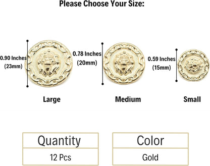 Gold Metal Shank Buttons - 12 Pcs - 3 Size Options - Lion Round Metal Shank Buttons for Men Women Blazer Coat Uniform Shirt Suit and Jacket Sewing Craft DIY N2203