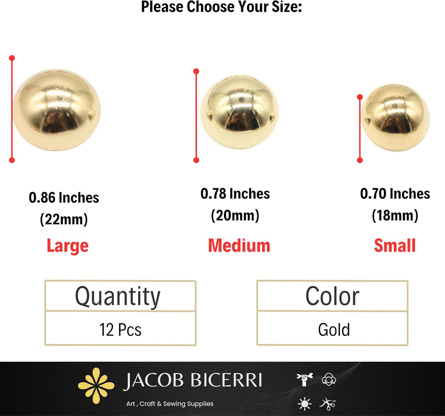 Gold Metal Shank Buttons - 12 Pcs - 3 Size Options - Curved Oval Round Metal Shank Buttons for Men Women Blazer Coat Uniform Shirt Suit and Jacket Sewing Craft DIY N5403