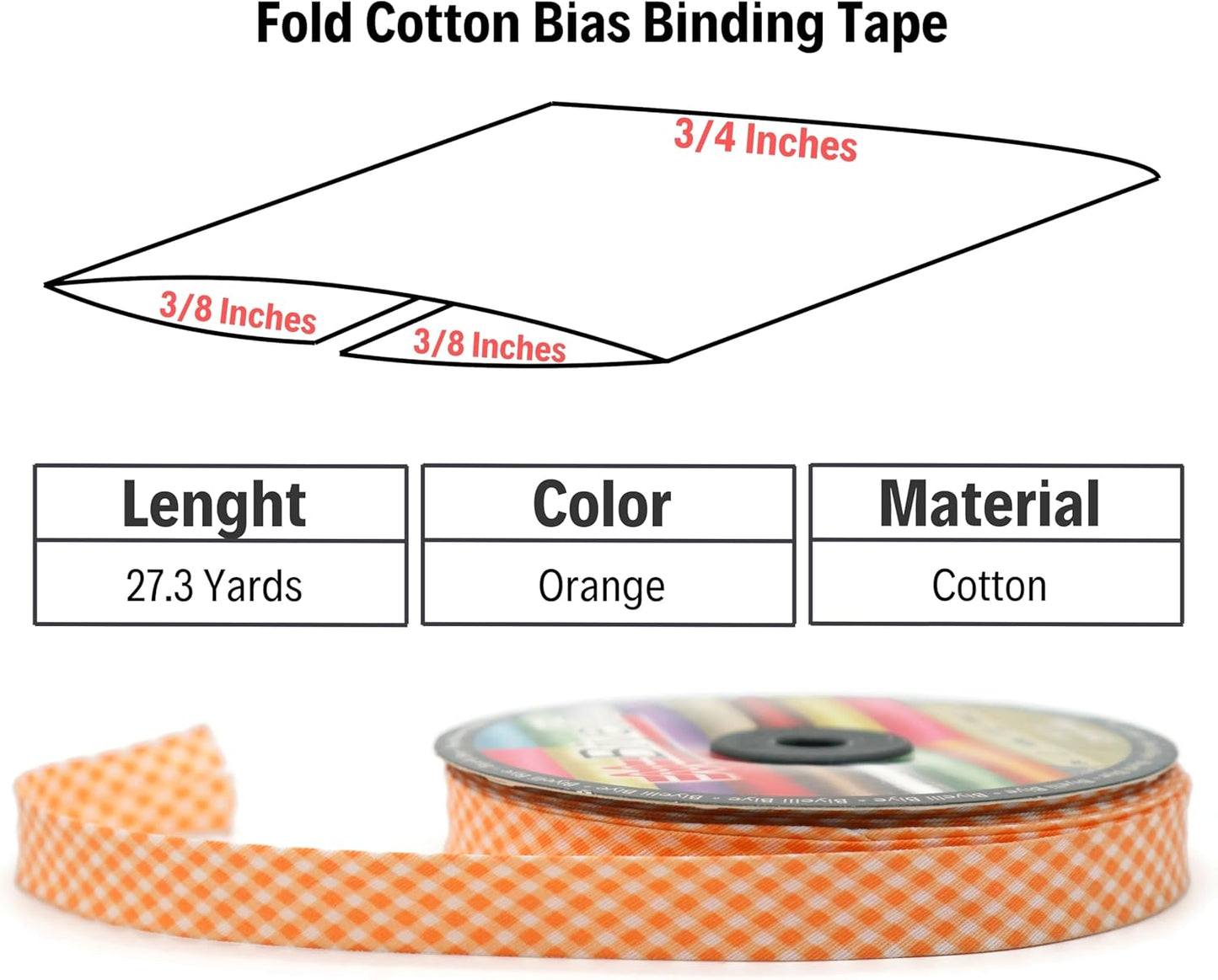 Cotton Fold Bias Binding Tape - 3/4 Inches (20mm) Wide - 27 Yards - Plaid Single Fold Cotton Fold Bias Binding Tape for Sewing Clothing DIY Orange E6