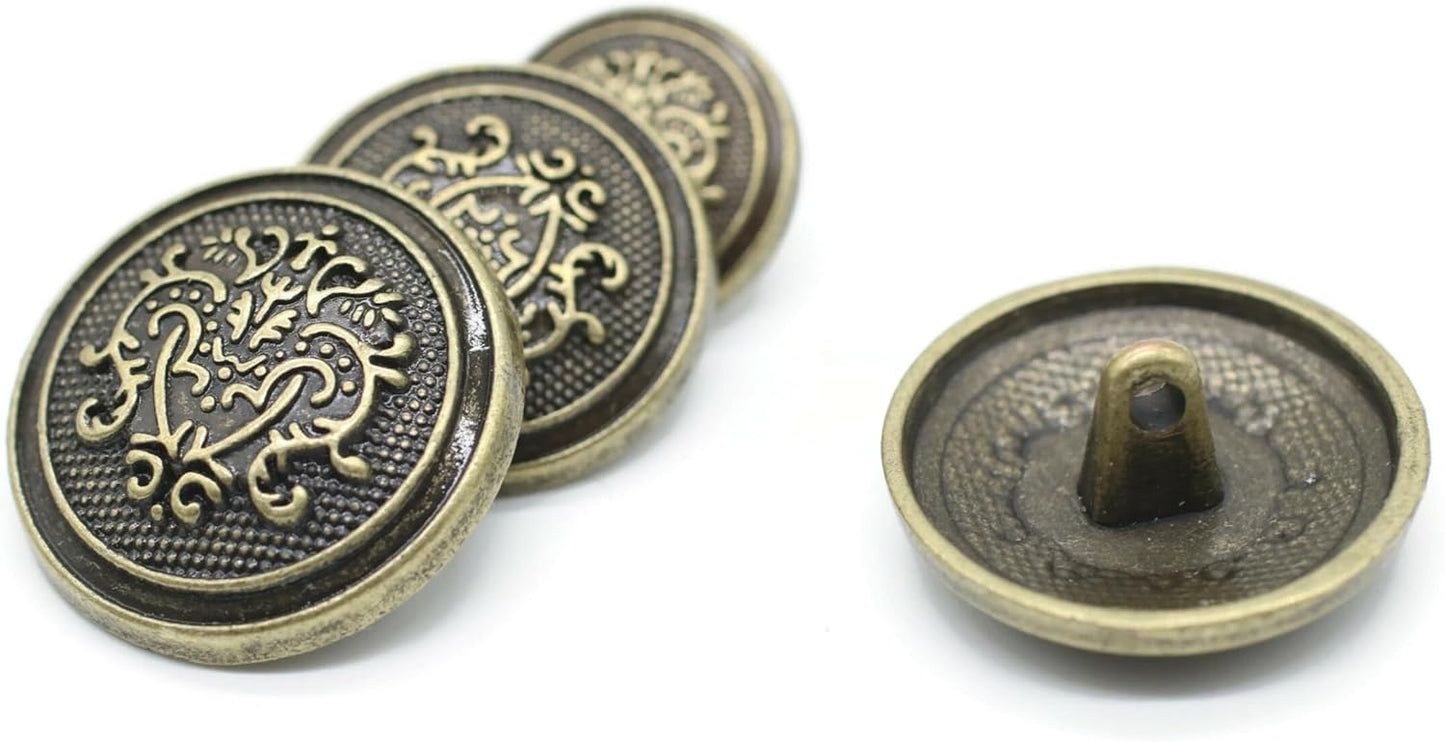Bronze Metal Shank Buttons - 12 Pcs - 3 Size Options - Floral Round Metal Shank Buttons for Men Women Blazer Coat Uniform Shirt Suit and Jacket Sewing Craft DIY N17703