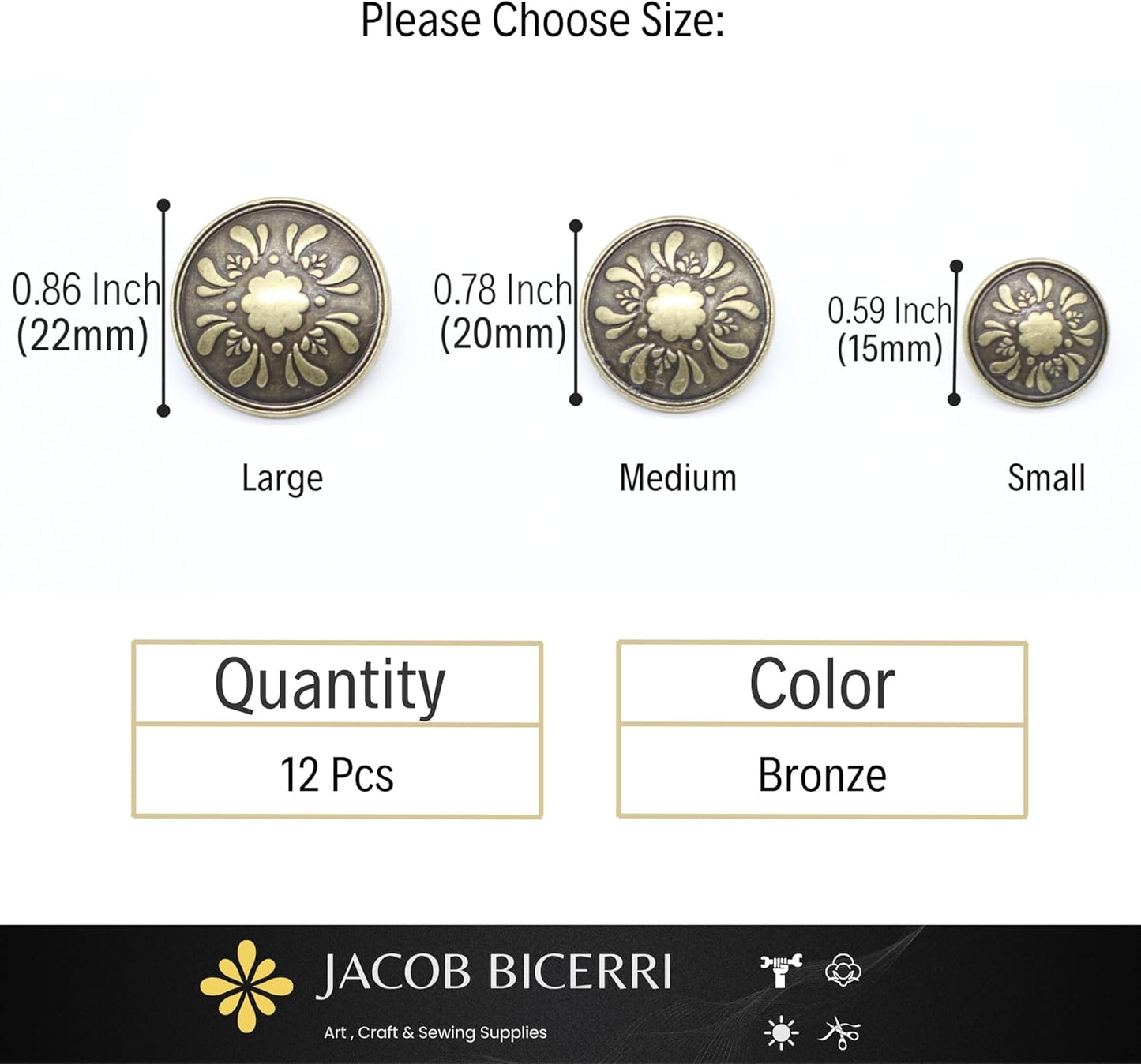 Bronze Metal Shank Buttons - 12 Pcs - 3 Size Options - Floral Round Metal Shank Buttons for Men Women Blazer Coat Uniform Shirt Suit and Jacket Sewing Craft DIY N17803