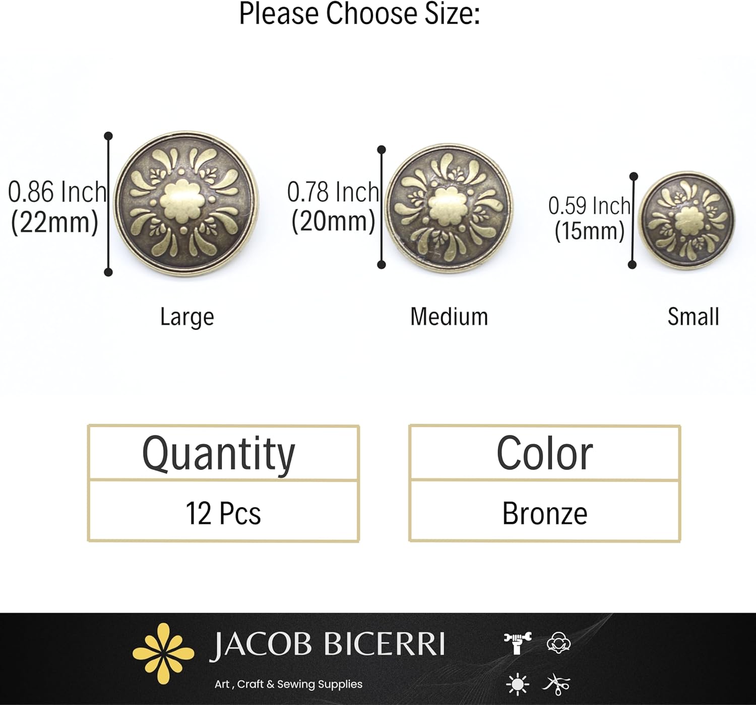 Bronze Metal Shank Buttons - 12 Pcs - 3 Size Options - Floral Round Metal Shank Buttons for Men Women Blazer Coat Uniform Shirt Suit and Jacket Sewing Craft DIY N17803