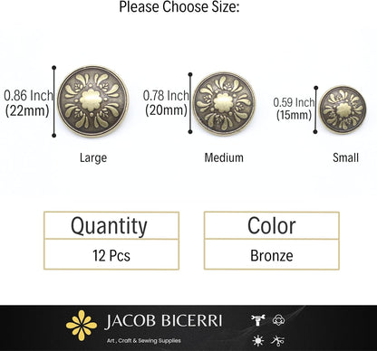 Bronze Metal Shank Buttons - 12 Pcs - 3 Size Options - Floral Round Metal Shank Buttons for Men Women Blazer Coat Uniform Shirt Suit and Jacket Sewing Craft DIY N17803